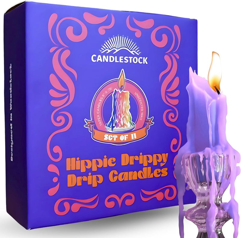 Candlestock Hippie Drippy Drip Candles - Pack of 11 Dripping Taper Candles - Wine Bottle Melting Candles (Purple) - Image 1